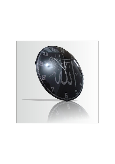 Bombe Camlı 30 Cm Taşlı Allah (C.C.) Lafzı Duvar Saati Siyah