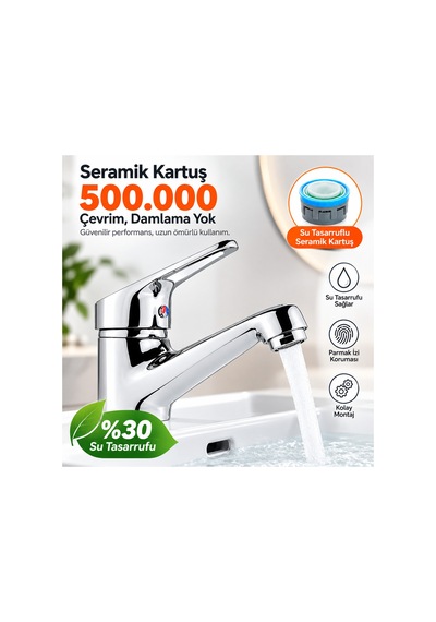 Krom Sabit Lavabo Bataryası Seramik Kartuş Su Tasarruflu Tek Kumandalı Banyo Musluğu Gümüş