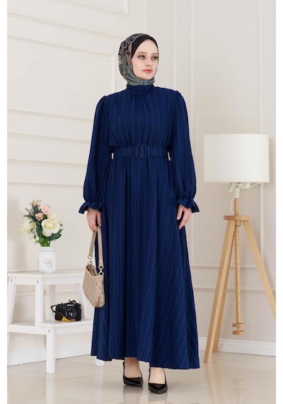 Sevitli Kolu Volanlı Kemerli Henna Elbise-lacivert-5056 Lacivert