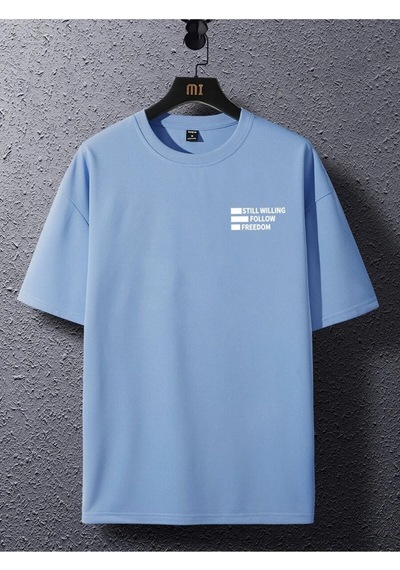 Flood Of Style Unisex Oversize Follow Freedom Baskılı T-shirt Mavi