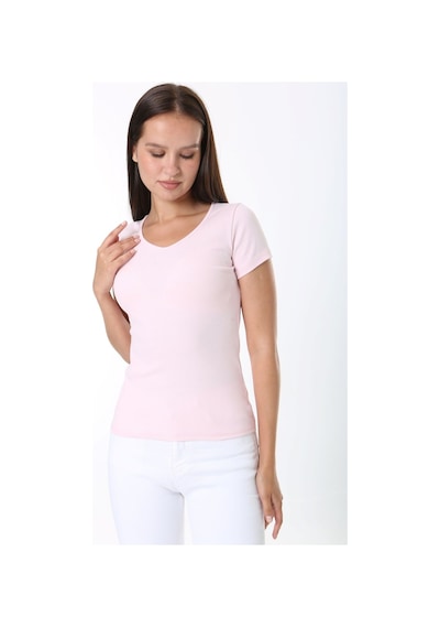 Rooted-kadın Basic V Yaka T-shirt ,fitilli Kaşkorse Kumaş Bluz Pembe