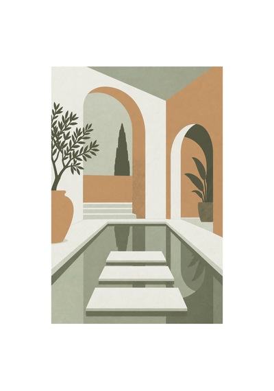 Kartela Halı Avlu Mimari Desenli Modern Halı Adaçayı Yeşili Kaymaz Taban 200x300 Cm