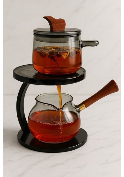 Morponi Akasya Saplı Otantik Borosilikat Cam İkili Bitki Çayı Demliği Füme 350 Ml Şeffaf
