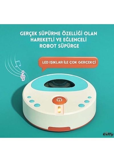 Giffy/oyuncak Pilli Robot Süpürge Sesli Ve Işıklı Gerçek Süpürme Özelliği Ve Sürekli Farklı Yönlere Giden Oyuncak Robot Süpürge Oyuncağı