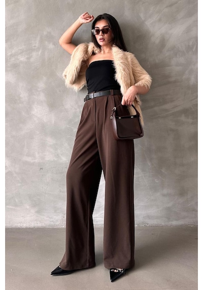 Kahverengi Çift Pileli Kemerli Pantolon Mg2330 Kahverengi