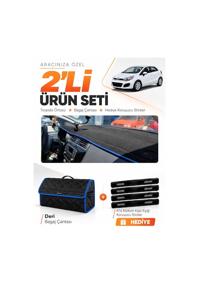 Kia Rio 2012-2018 Uyumlu Torpido Örtüsü + Deri Bagaj Çantası + Sticker Seti - Siyah Mavi