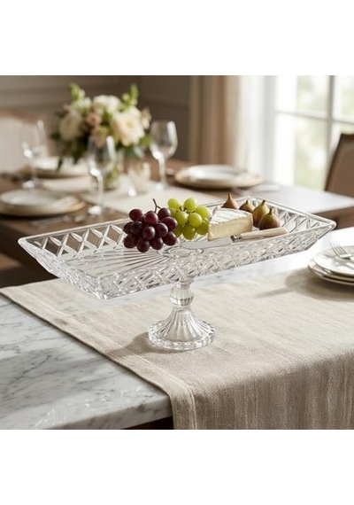 Kafes Model El Yapımı Ayaklı Cam Sunumluk - Dikdörtgen Şeffaf Dekoratif Servis Ve Meyve Tabağı 39x15 Cm 15cm