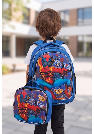 Superhero Beslenme Çantalı İlkokul Ve Anaokulu Sırt Çantası Seti Ergonomik Çocuk Okul Çantası Mavi - Lacivert