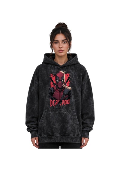 Sevbano Deadpool Film Kahramanı Baskılı Unisex Oversize Yıkamalı Premium Siyah