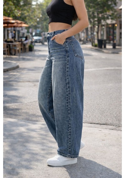 Cedy Denim Cedy Denım Yüksek Kalite Kadın Yüksek Bel Baggy Skater Jean Mavi
