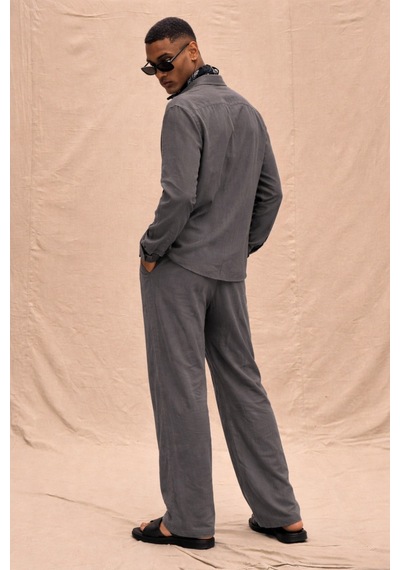 Tarz Cool Erkek Haki Tencel Kumaş Oversize Gömlek Pantolon Takım Rahat Kesim Yazlık Kombin Füme