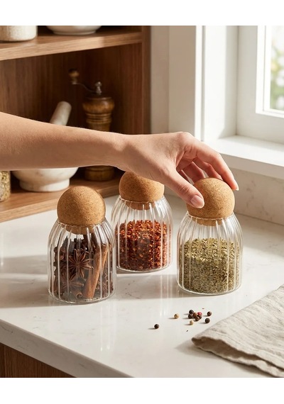 3lü Top Mantar Kapaklı Çizgili Desen Kavanoz 500ml Cam
