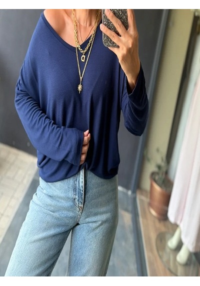 Mirve Butik V Yaka Yumoş Merserize Bluz Lacivert