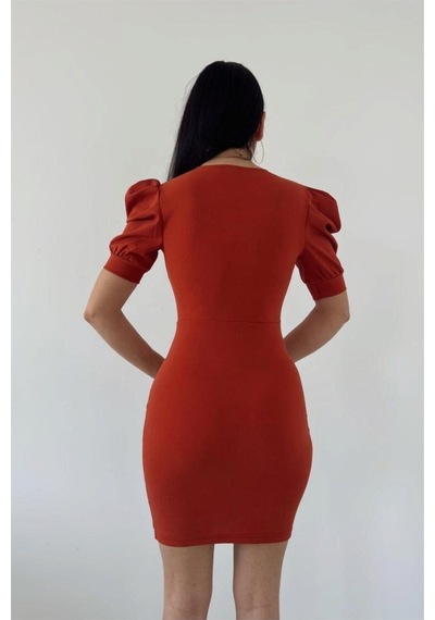 DefyModa Kadın Krep Kumaş Kruvaze Yaka Kısa Kollu Abiye Elbise Kiremit