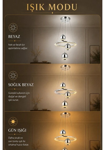 Modern Premium Krom Küreli 3 Renkli Ledli Sarkıt Avizesi Salon Mutfak Çocuk Odası Şık Modelleri 84w Beyaz