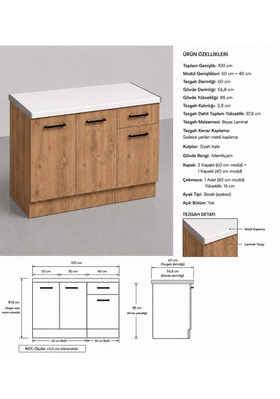 Lark Mutfak 3 Kapaklı 1 Çekmeceli Mutfak Alt Modül 100 Cm - Çok Amaçlı Dolap -beyaz Laminat Tezgah Dahil Atlantik Çam Lark Mutfak 3 Kapaklı 1 Çekmeceli Mutfak Alt Modül 100 Cm - Çok Amaçlı Dolap -beyaz Laminat Tezgah Dahil Atlantik Çam