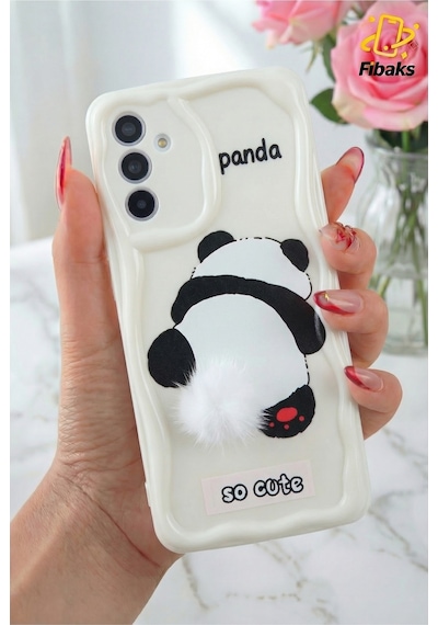 Fibaks Galaxy A55 Uyumlu Kılıf Tasarımlı Desenli Kamera Korumalı Panda Beyaz Püsküllü Silikon Kapak