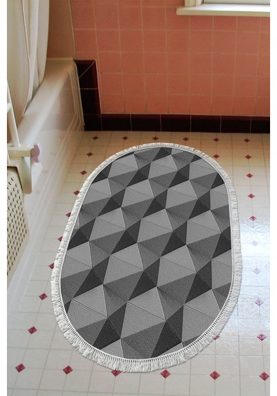 Kaymaz Dijital Mutfak & Salon Halı Trend Saçaklı Oval Geometrik E5010 gri