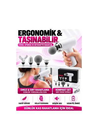 Usb Şarjlı Masaj Tabancası 4 Değiştirilebilir Başlıklı Taşınabilir Kas Masaj Aleti Beyaz