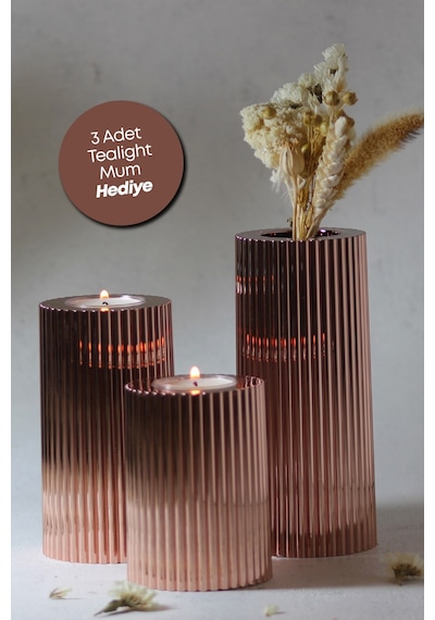 3 Lü Bakır Krom Tırtıklı Yüzey Mumluk Dekoratif Tealight Set Mum