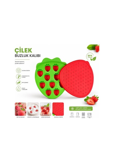 Qerhome Çilek Şekilli Silikon Buz Kalıbı Kapaklı Buzluk Çok Renkli