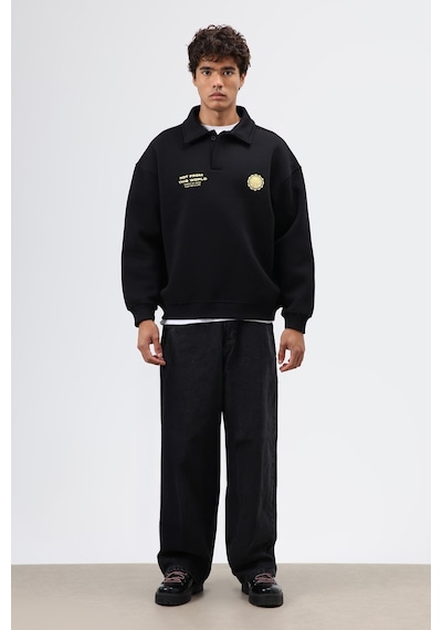 Vamos Polo Yaka Oversize Baskılı Yıkamalı Sweatshirt Siyah