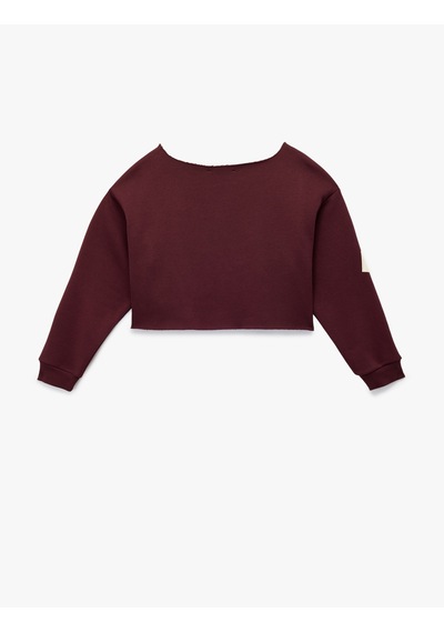 Koton Şardonlu Uzun Kollu Baskılı Kayık Yaka Oversize Crop Sweatshirt Bordo 6wal10574ık Bordo