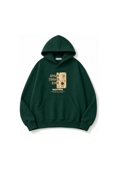 Herkesemoda Space Travel Baskılı Kanguru Cepli Oversize Sweatshirt Yeşil