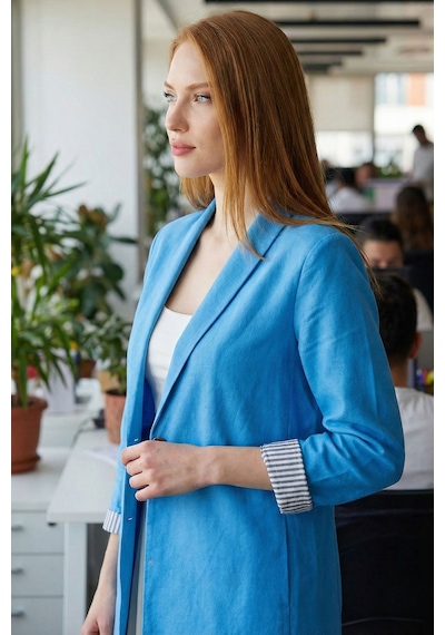 Armonika Kadın İndigo Kol İçi Çizgili Tek Düğmeli Ceket Arm-22k001122