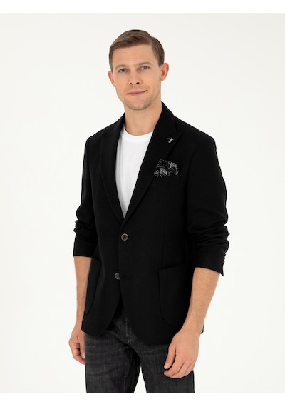 Cacharel Siyah Slim Fit Yün Karışımlı Blazer Ceket