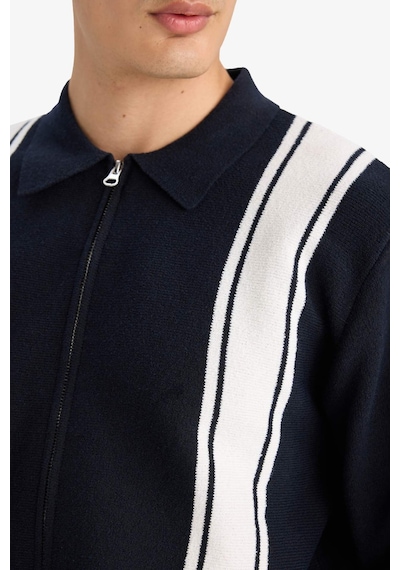 Defacto Standart Fit Polo Yaka Fermuarlı Çizgili Triko Hırka F4981ax25aunv64 Lacivert