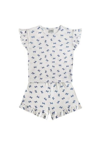 Antebies Kurdele Jakar Kısa Kollu Tshirt Şort Pijama Takımı Mavi