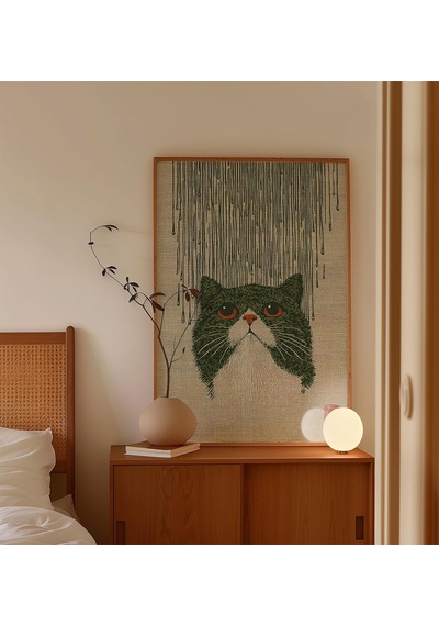 Japon Kedisi Yağmur Posteri, Vintage Ahşap Baskı Tarzı Duvar Sanatı Baskısı, Minimalist Asya İllüstrasyonu, Hüzünlü Hayvan Sanatı, Zen Dekorasyonu