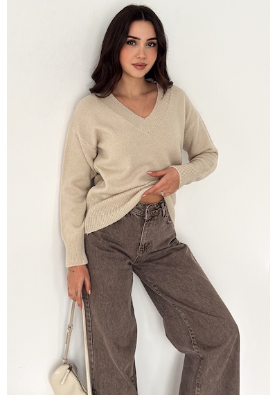 Noa & Noa Kadın V Yaka Triko Kazak Cozy Neutral Bej