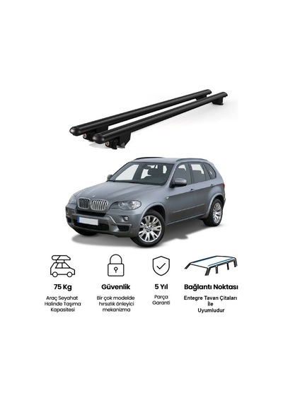 Kanca Bmw X5 E70 2007-2013 Uyumlu Siyah Kilitli Ara Atkı 130cm Port Bagaj Tavan Barı