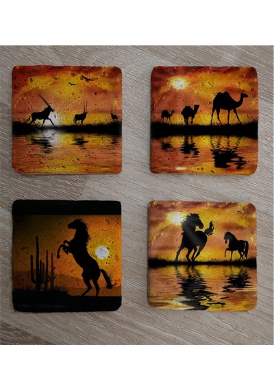 Egzotik Hayvanlar Deve At Antilop Doğal Taş Bardak Altlığı 4'lü Set - Natural Stone Coasters - Taş Çok Renkli