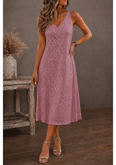 Butik İstanbul Kadın Askılı V Yakalı Pulpayetli Midi Elbise Pembe