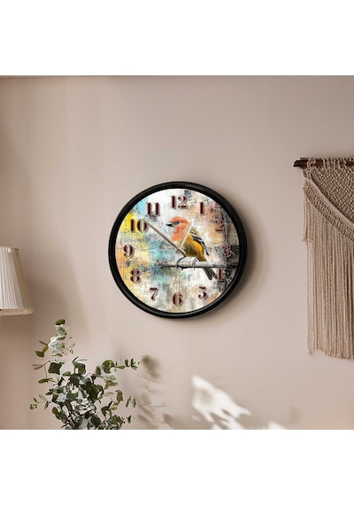 Modern Sarı Kuş Temalı Duvar Saati 28 Cm Sessiz Mekanizma Dekoratif Tasarım Çok Renkli