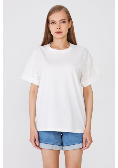 Hdm Kadın Ekru Basic Oversize %100 Pamuklu Rahat Kesim Günlük Tişört - H6041