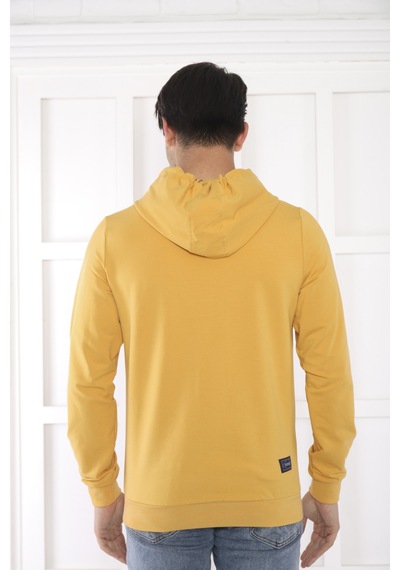 Escetic Spor Erkek Hardal Cepli, Kapüşonlu Sweatshirt-4172