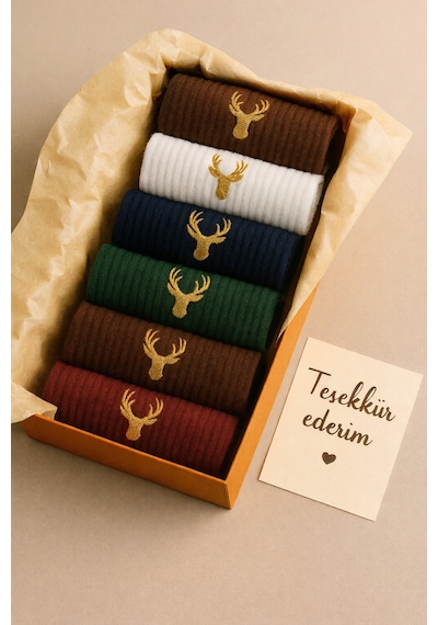 Premium Unisex Geyik Nakışlı Kadın Erkek Çorap 6 Lı Set Yazlık Kışlık Pamuklu Çorap Kutulu Çok Renkli