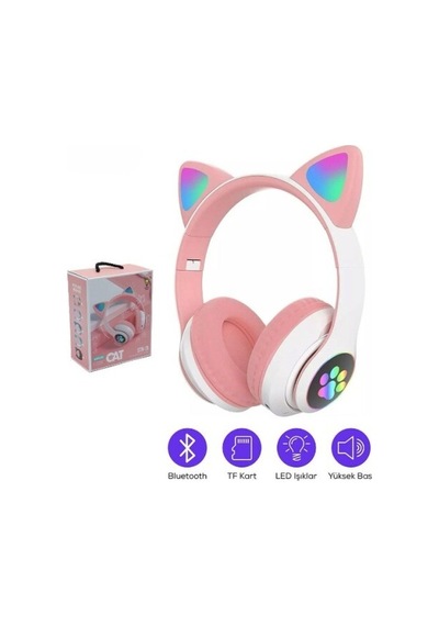 Kedi Figürlü Bluetooth Kulaklık Pembe Renkli