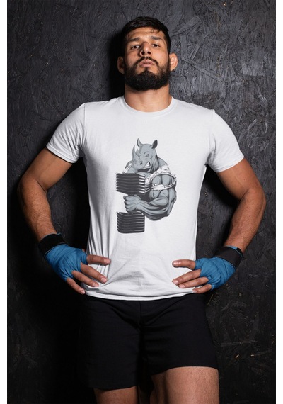 Gym Sporcu Fitness Dumbell Kaldıran Boğa Regular Fit %100 Pamuk Beyaz T-shirt Beyaz