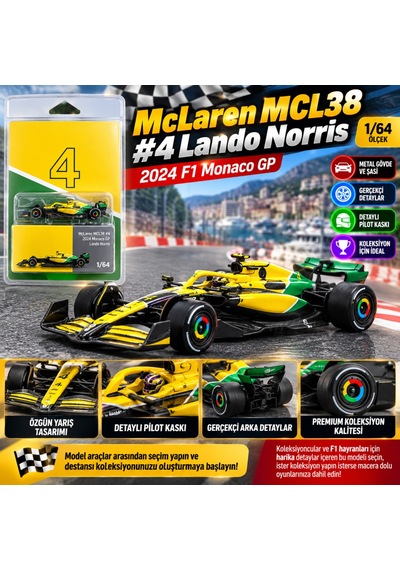 1/64 Mclaren Mcl38 4 Lando Norris 2024 F1 Monaco Gp Sarı
