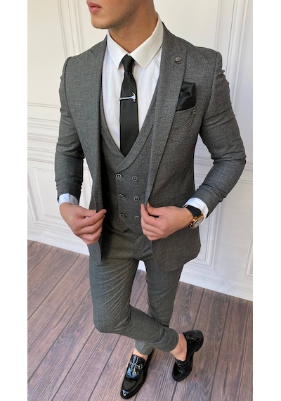 Modefendi Slim Fit İtalyan Kesim İnce Ekose Takım Elbise Gri