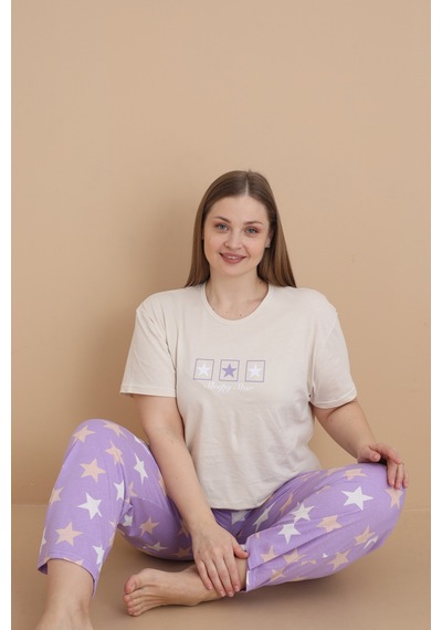 Wordex Mirano 4504 Yıldız Desenli Kısa Kollu Pamuklu Penye Büyük Beden Kadın Pijama Takımı Bej Wordex Mirano 4504 Yıldız Desenli Kısa Kollu Pamuklu Penye Büyük Beden Kadın Pijama Takımı Bej