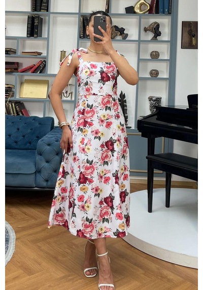 Madmext Pembe Çiçekli Bağlanabilir Askı Midi Boy Kadın Elbise Mg2465 Pembe