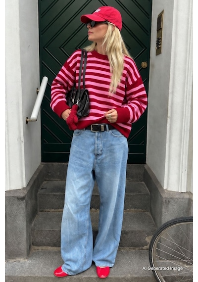 Madmext Kırmızı Çizgili Bisiklet Yaka Oversize Kadın Kazak Mg2894