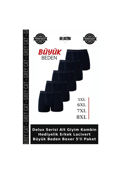 Grey Cat Delux Serisi Alt Giyim Kombin Hediyelik Erkek Lacivert Büyük Beden Boxer 5'li Paket