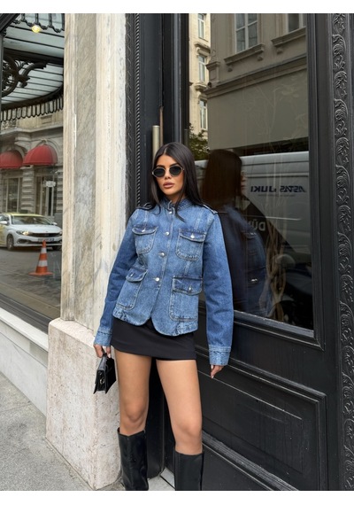 Out Of Standart Kadın Regular Fit Düğme Detaylı Denim Ceket Blue